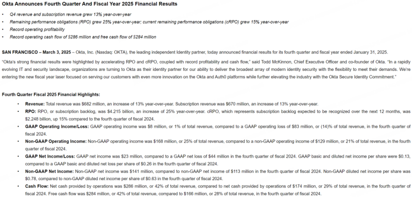 Okta財報數據 圖源：Okta財報