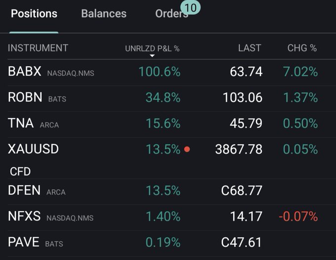 A screenshot of a trading platform interface displaying a list of financial instruments. Columns show instrument names like BABX, ROBN, TNA, XAUUSD, CFAD, DFEN, MAGS, and PINS with their unrealized P&L percentages, last prices, and percentage changes. Text overlays include headers for Positions, Balances, and Orders.