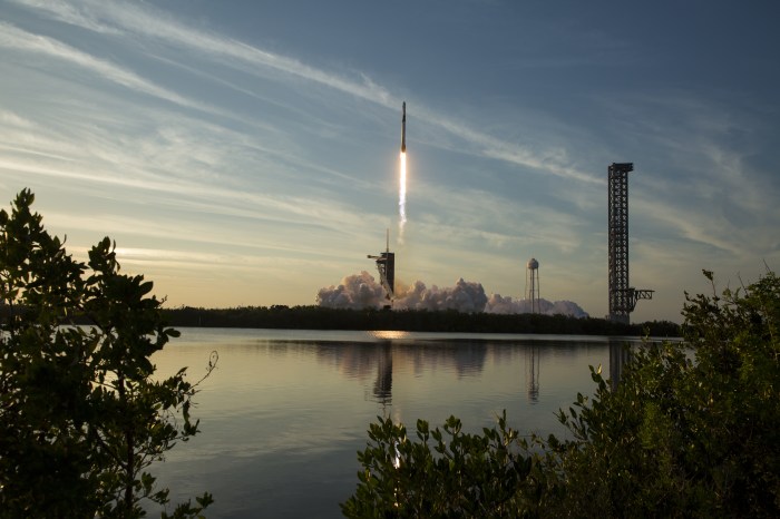 SpaceX Falcon 9 rocket launching from Kennedy Space Center.