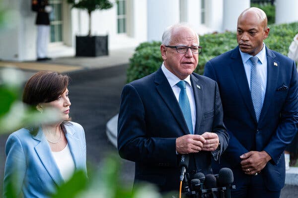 Gov. Tim Walz of Minnesota, left, with Gov. Wes Moore of Maryland. Mr. Walz, a Biden ally, leads the rules committee of the Democratic National Convention.