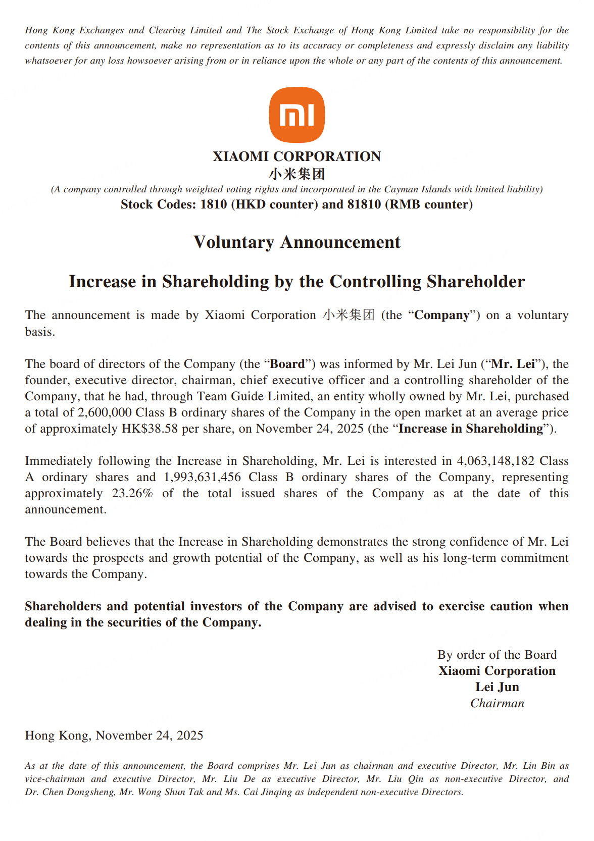 Xiaomi Founder Lei Jun Buys 2.6 Million Class B Shares, Signaling  Confidence in Growth - 老虎證券