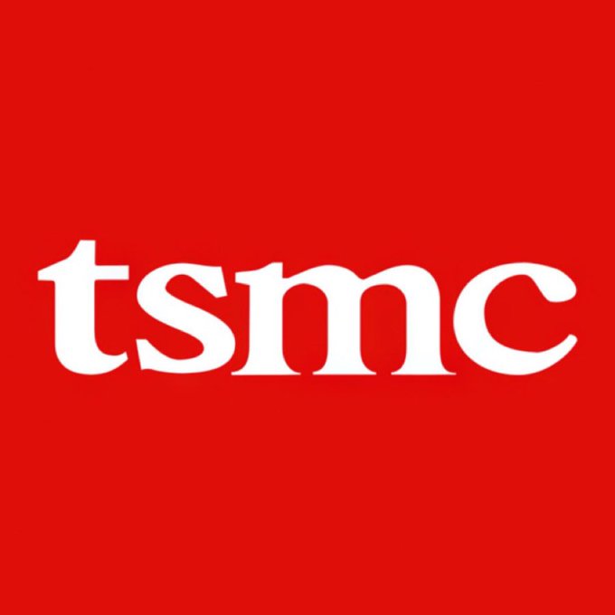 Red background with white bold text spelling TSMC centered prominently.