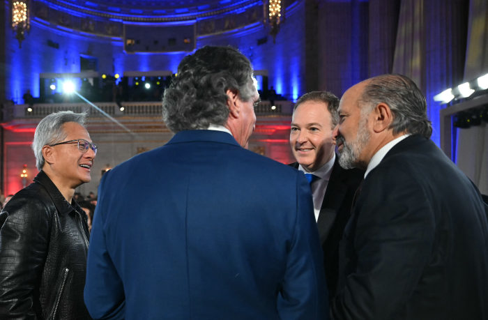 Nvidia CEO Jensen Huang, US Interior Secretary Doug Burgum, Environment Protection Agency (EPA) administrator Lee Zeldin and Commerce Secretary Howard Lutnick speak at the "Winning the AI Race" AI Summit.