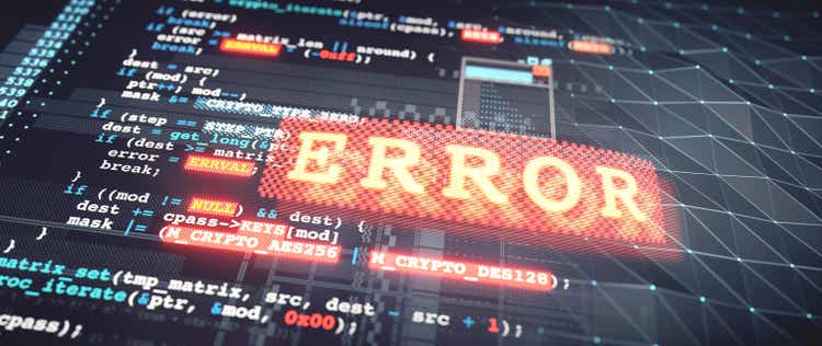 Glowing red and yellow error message overlaid on programming language source code text, with many warning icons. Close up, defocused and pixelated composition.