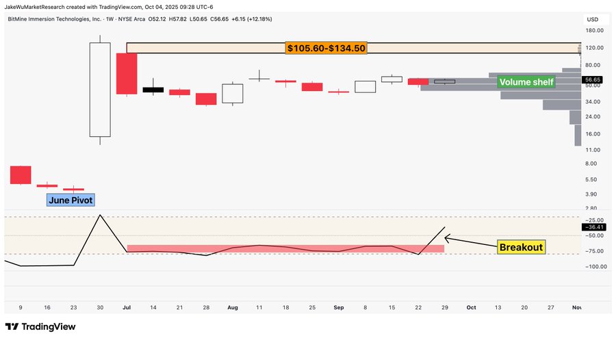 A financial chart displaying BMNR stock price movements over time. The chart includes candlestick patterns, a volume shelf, and a horizontal price range marked from $101.60 to $113.54. A red line labeled "June Pivot" and an arrow labeled "Breakout" are visible, along with a Williams % Range indicator. A watermark from TradingView is present.