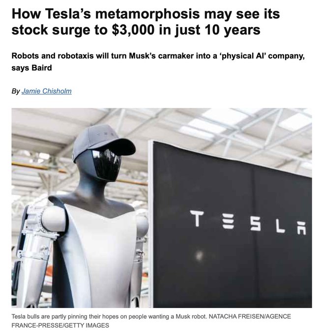 A humanoid robot with a white and gray body, wearing a black cap and face shield, stands in an industrial setting. A large Tesla logo is visible on a black panel behind the robot. Text on the panel reads "Tesla bulls are pretty pinning their hopes on people wanting a Musk."