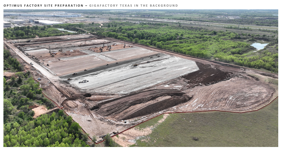 Site for Tesla's Optimus factory near Gigafactory Texas. Tesla says this site, when complete, will have an annual run rate of 10 million robots. · Tesla Q1 Shareholder deck