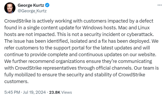 CrowdStrike的CEO喬治·庫爾茨的迴應 圖源：X