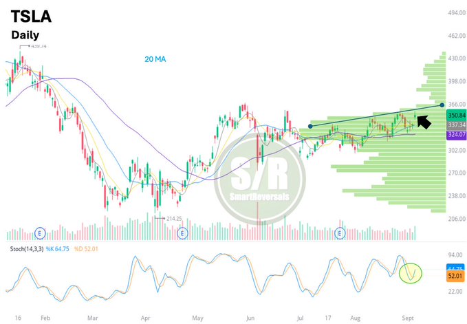 A chart displaying Tesla (TSLA) stock price movements over time on a daily scale. The chart includes candlestick patterns, a 20-day moving average line, green volume bars, and a black arrow pointing to a resistance level. A watermark from SmartReversals is visible.