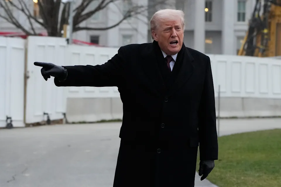 President Donald Trump comments after stepping off Marine One on the South Lawn of the White House, Wednesday, Dec. 17, 2025, in Washington. (AP Photo/Mark Schiefelbein)