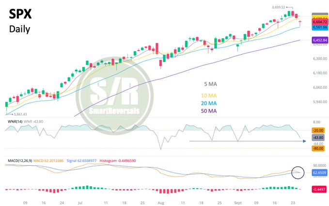 A chart displaying the S&P 500 (SPX) daily price movements with green and red candlesticks. Multiple moving average lines in blue, green, and purple overlay the chart, labeled 5 DMA, 10 DMA, and 20 DMA. A MACD indicator and Williams%R oscillator are shown below the main chart. A watermark with "SmartReversas" is present.