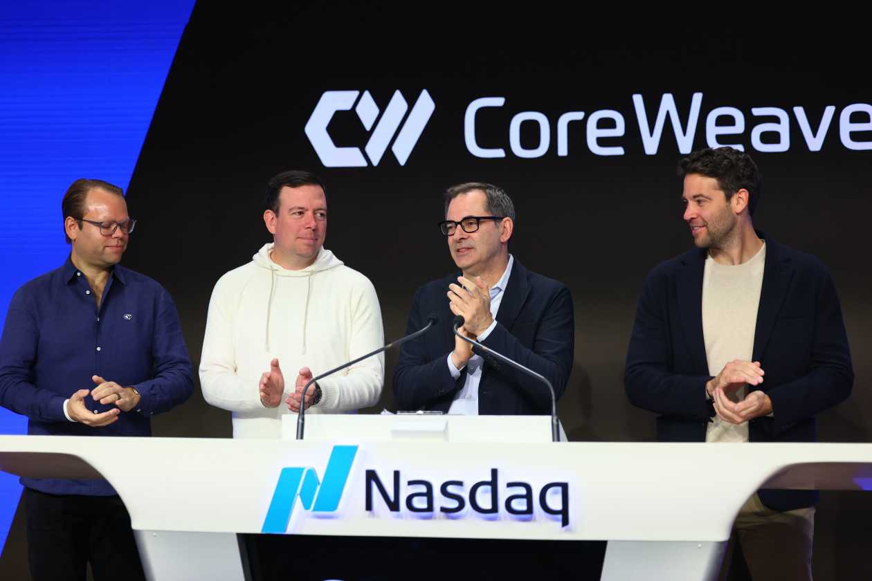 Investors were disappointed by a bigger-than-expected net loss in CoreWeave’s second quarter. Here, CoreWeave executives Peter Salanki, Brian Venturo, Mike Intrator and Brannin McBee are shown at Nasdaq headquarters for the company’s initial public offering on March 28.