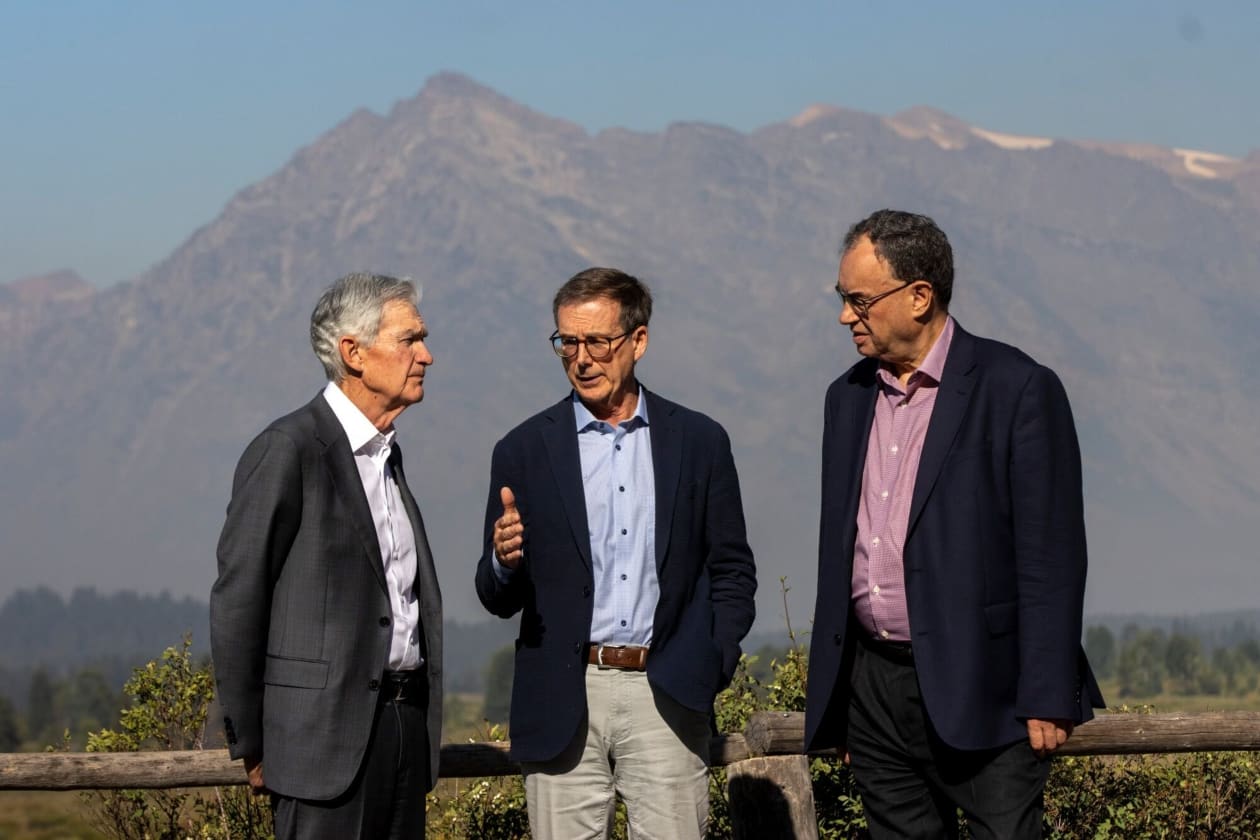Fed Chair Jerome Powell, left with Tiff Macklem, center, governor of the Bank of Canada, and Andrew Bailey, governor of the Bank of England at the Jackson Hole Economic Policy Symposium in August.