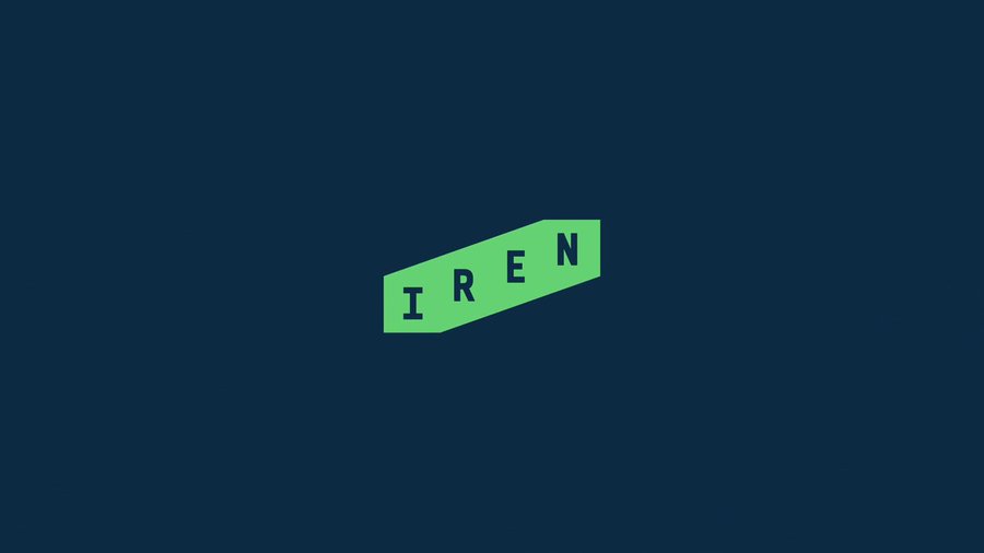 A dark blue background with the word "IREN" in bold, green, uppercase letters, slightly angled as if on a tilted plane.