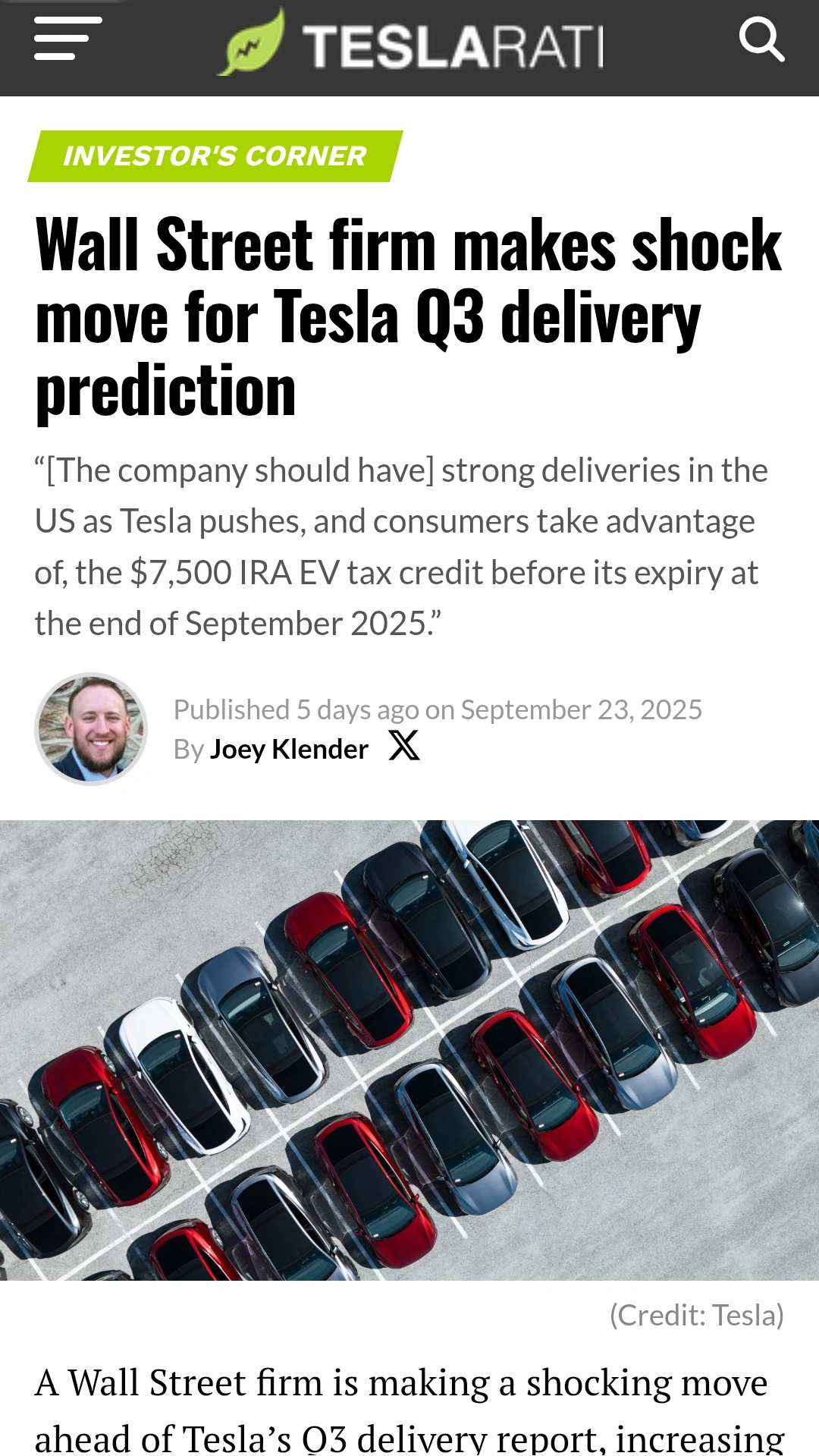 平衡观点：特斯拉2025年第三季度交付量预测和盈利