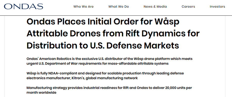 Ondas logo at the top left. Text below reads "Ondas Places Initial Order for Wasp Attributable Drones from Rift Dynamics for Distribution to U.S. Defense Markets." Additional text mentions American Robotics, Wasp, NDA-compliant systems, Kitron, and global manufacturing network, with a production capacity of 20,000 units per month.
