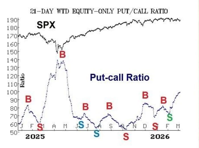 Chart showing the 21-day weighted equity-only put/call ratio (blue) and SPX (black) from January 2025 to March 2026.