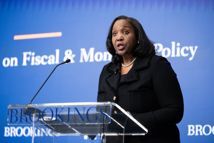 Federal Reserve Board governor Lisa Cook speaking at the Brookings Institution.