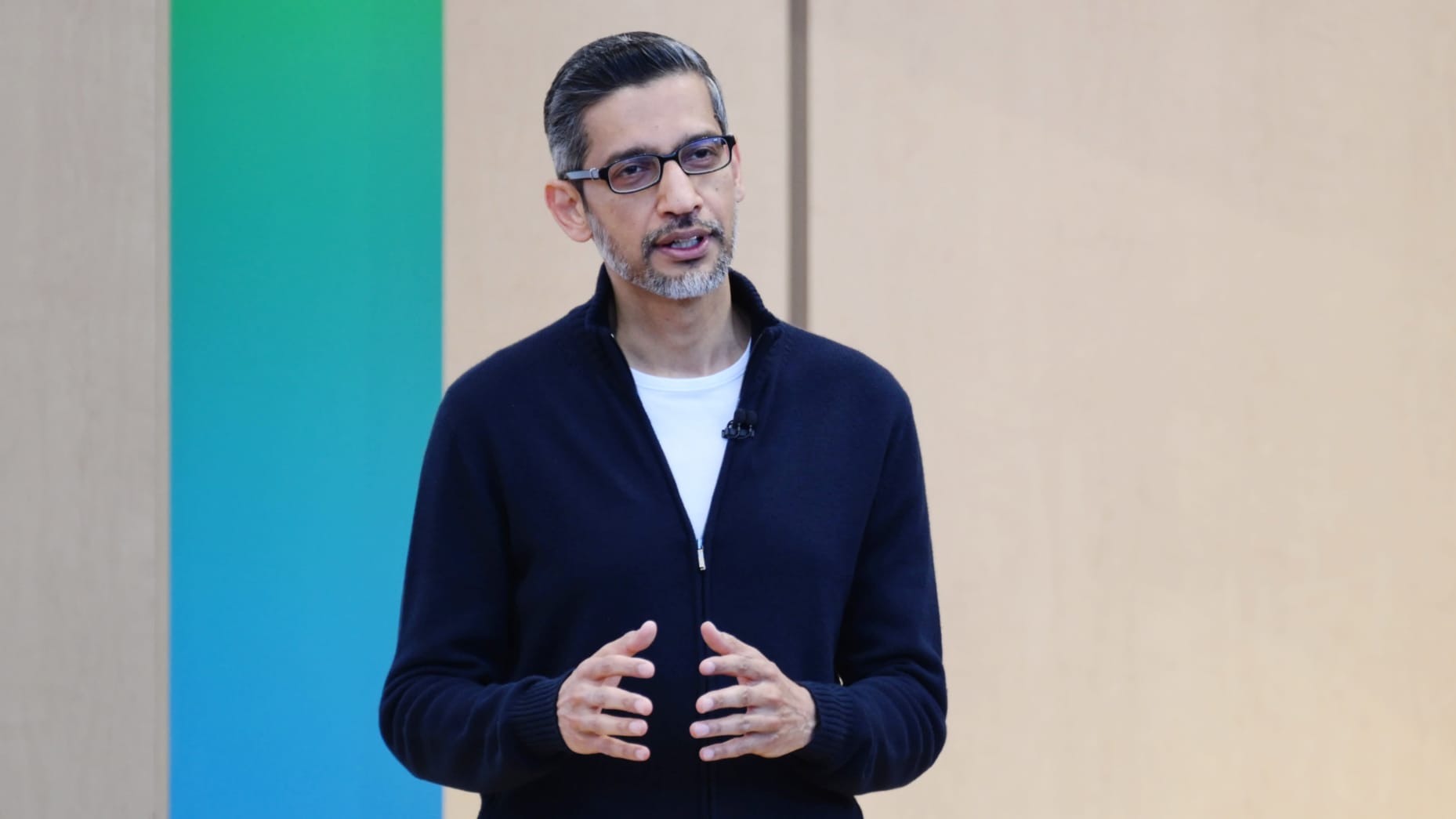 Sundar Pichai, chief executive officer of Alphabet Inc., during the Google I/O Developers Conference in Mountain View, California, US, on Tuesday, May 19, 2026. The event is expected to be Alphabet's most AI-centric developer conference to date. Photographer: David Paul Morris/Bloomberg via Getty Images