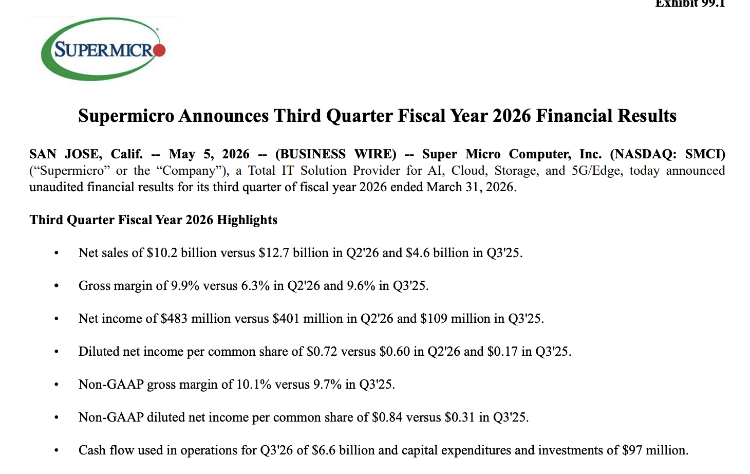 来源：Supermicro Announces Third Quarter Fiscal Year 2026 Financial Results 发布于2026年5月5日