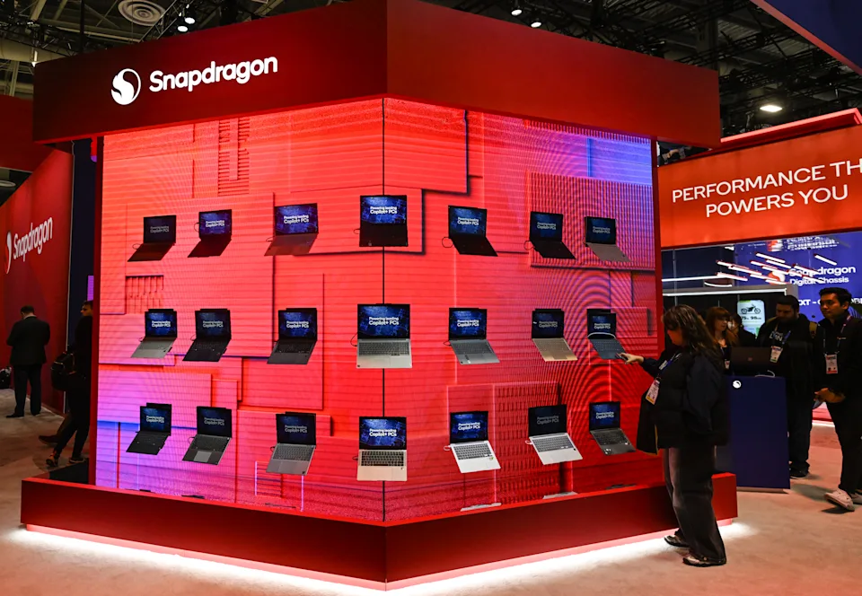 LAS VEGAS, USA - JANUARY 09:
The Snapdragon booth highlights laptops equipped with Qualcomm's cutting-edge system-on-chip (SoC) semiconductor technology, marketed as 'mobile platforms,' during the Consumer Electronics Show (CES) in Las Vegas, Nevada, on January 9, 2025. (Photo by Artur Widak/NurPhoto via Getty Images)