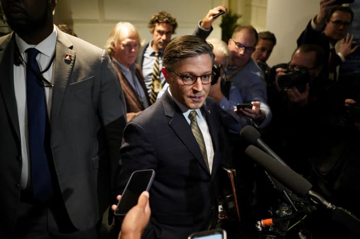 House Speaker Mike Johnson spoke Friday with reporters as a possible government shutdown loomed.