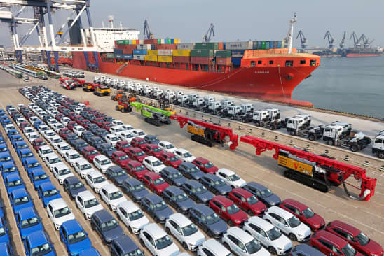 Chinese-made cars awaiting export at the port of Yantai in China’s Shandong province.