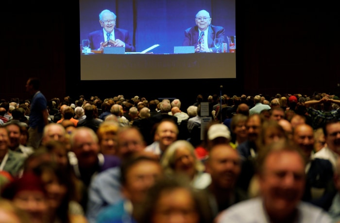 Warren Buffett speaking with Berkshire Hathaway Vice Chairman Charlie Munger on screen in 2018.