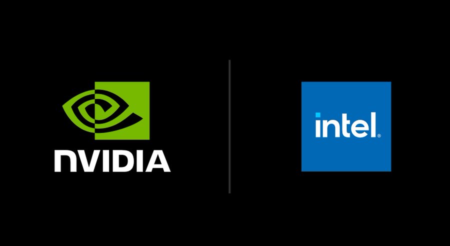 NVIDIA logo with a green and black design featuring an eye-like graphic and the word "NVIDIA" below it. Intel logo with a blue square and the word "Intel" in white. Both logos are centered on a black background.