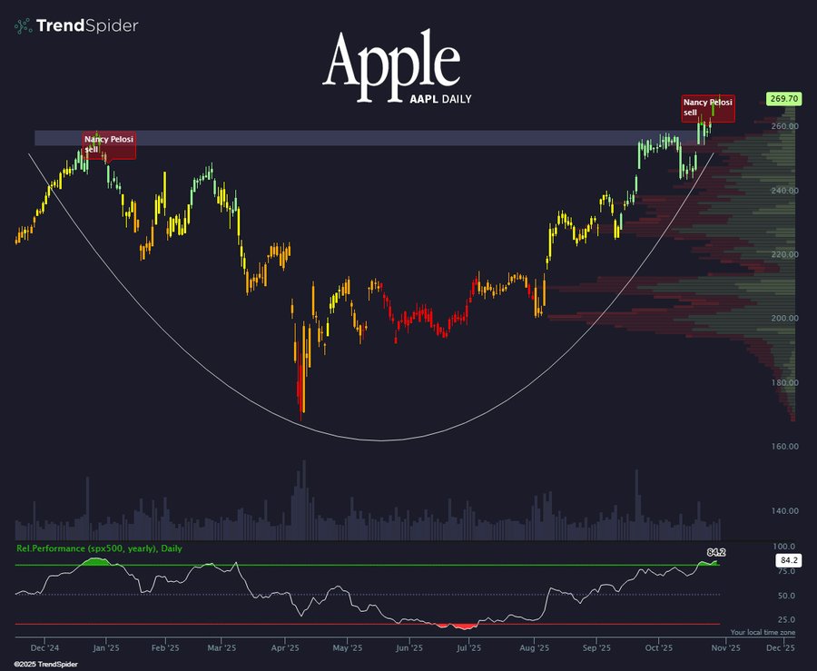 Dark background stock chart for Apple AAPL on daily timeframe showing candlestick price bars in green and red from January to October, with upward trend line, volume histogram below in yellow and red bars, and lower indicators including moving averages and RSI. TrendSpider watermark in top left corner. Labels mark Nancy Pelosi buy and sell trades with green and red arrows on specific dates. Overall price range from about 100 to 250 dollars.