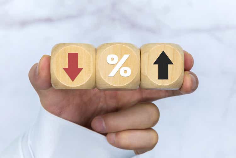 percentage to UP and Down arrow symbol icon. Interest rate, stocks, financial, ranking, mortgage rates and Cut loss concept