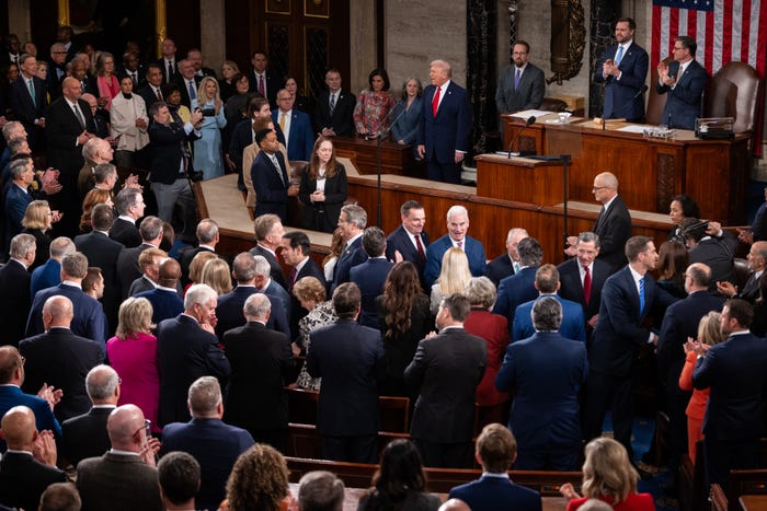 President Donald Trump arrives to the chambers of the U.S. House of Representatives ahead of his State of the Union address in Washington, DC on February 24, 2026.