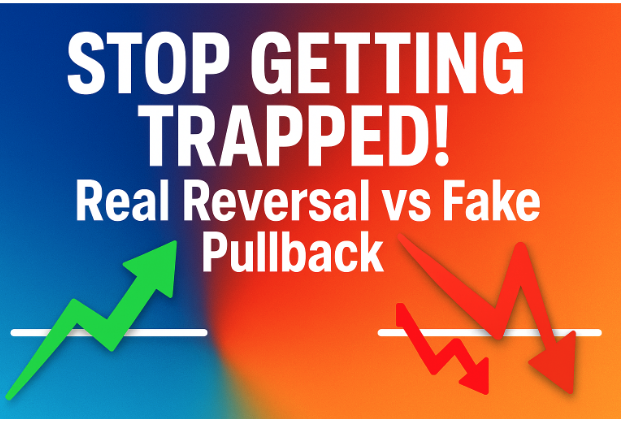 A graphic with a blue and orange background split diagonally. White text reads "STOP GETTING TRAPPED!" and "Real Reversal vs Fake Pullback." A green upward arrow and line graph on the blue side, a red downward arrow and jagged line graph on the orange side.
