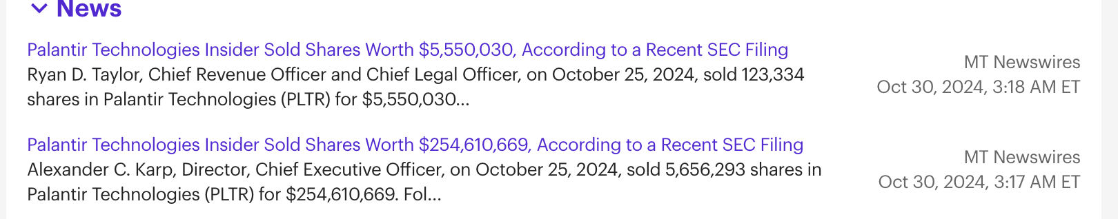 r/wallstreetbets - PLTR CEO sold $254 Million worth of shares. Chief Legal Officer sold over $5M worth... earnings next week...