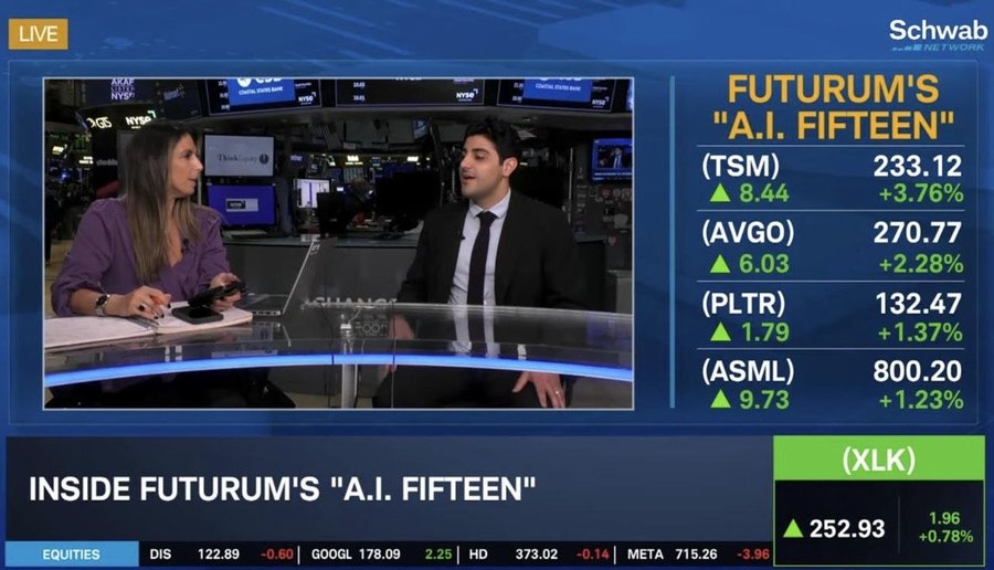 Screenshot of a financial news broadcast interface from Schwab Network featuring the Futurum AI Fifteen segment. Two individuals one woman in purple top and one man in suit are visible on screen engaged in discussion. Display shows stock tickers including TSLA at 233.12 with 4.37 percent change AVGO at 3.79 percent PLTR at 1.32 percent ASML at 0.80 percent and XLK at 252.53 with 1.96 percent change. Additional metrics like average gain and plot are listed below.