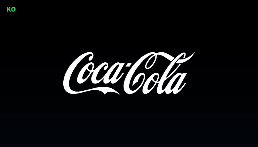 Black background with white Coca-Cola logo prominently displayed in the center featuring the classic script font for the company name