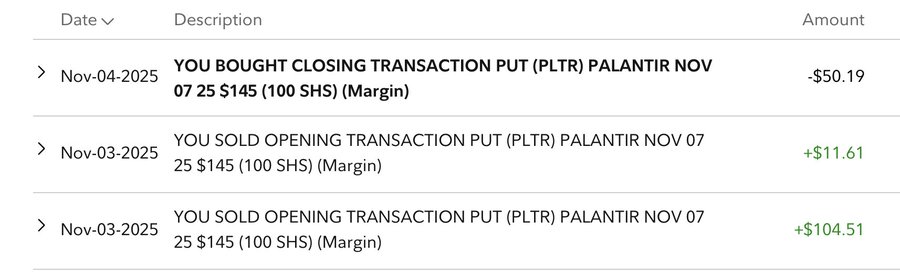 Table displays trading transactions for Palantir NOV options with columns for date description profit loss and amount showing buys sells margins and net profits like -50.19 +50.19 +11.61 +104.51 +100 across November 2025 entries.
