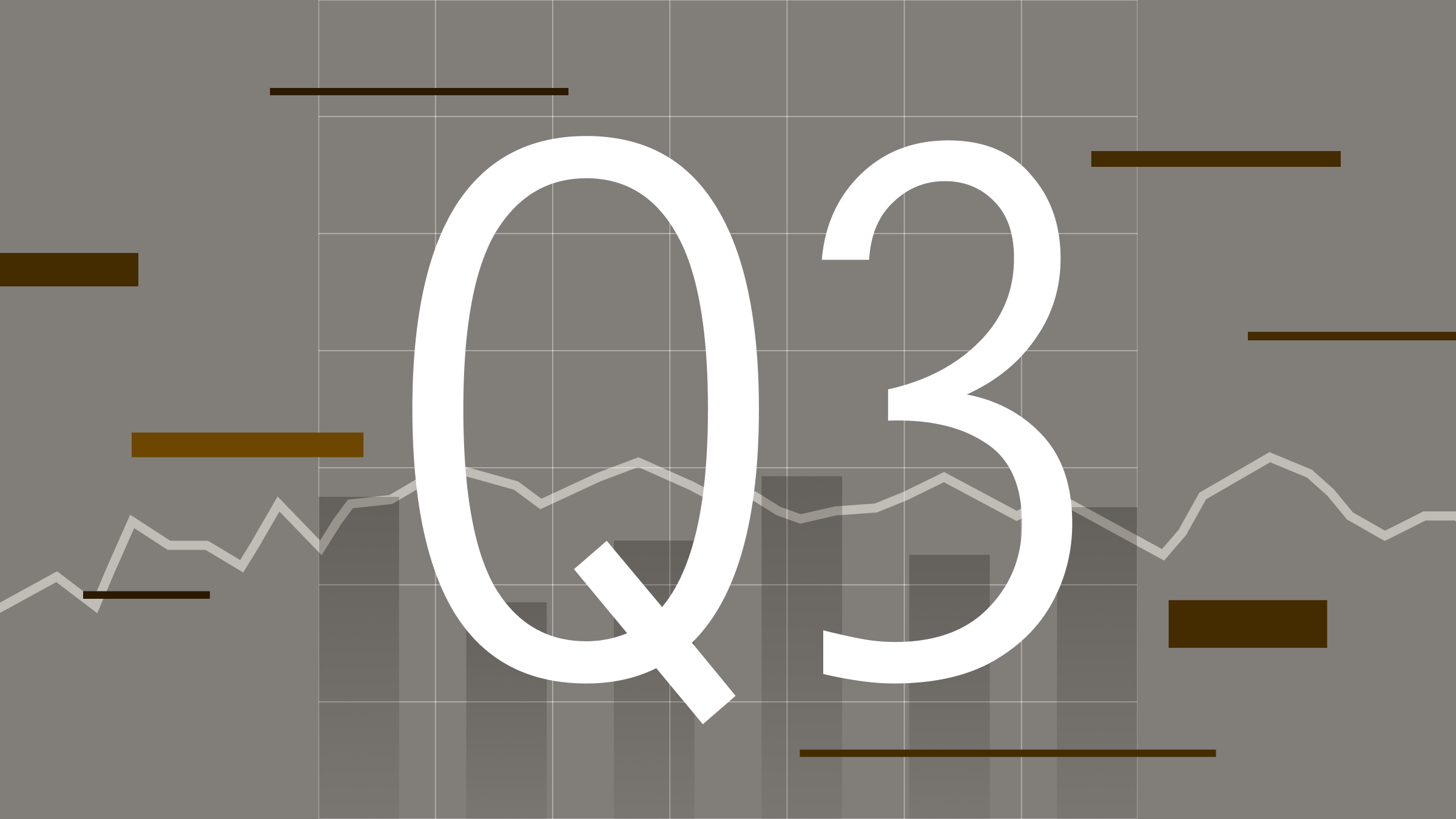 Illustration of chart elements on a grey background with 'Q3' at the center, showing a neutral quarter