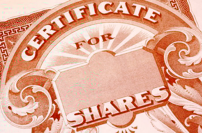 A blank paper stock certificate for shares of a publicly traded company. 