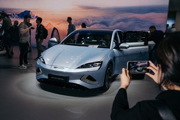 A BYD electric vehicle at an auto show in Munich last year. The automaker has surpassed Tesla in electric vehicle sales.