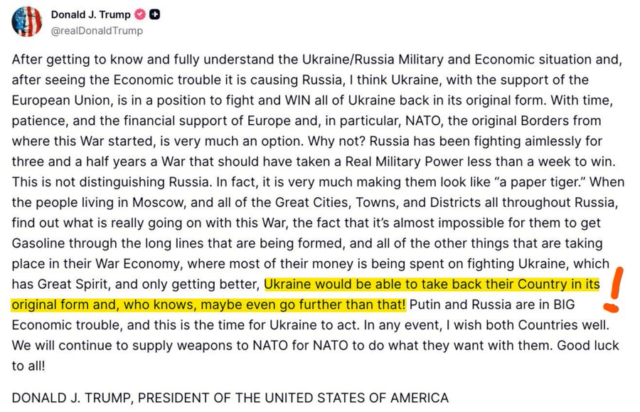 A screenshot of a social media post from Donald J. Trump. The post includes text in black on a white background, with Donald J. Trump\'s name and title "President of the United States of America" at the bottom. A watermark from X is visible.