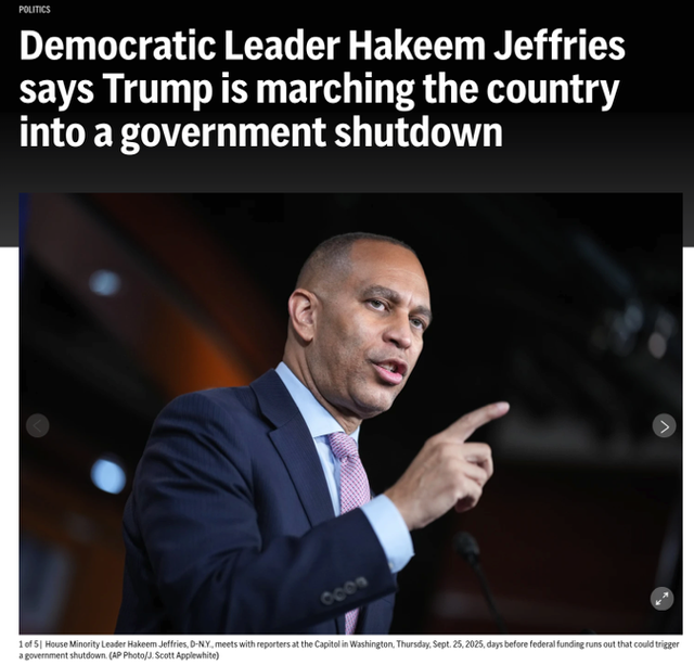 美國國會衆議院民主黨領袖傑弗里斯指責特朗普是混亂製造者