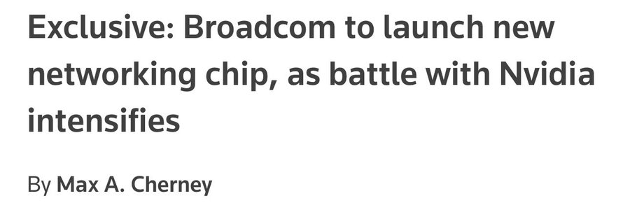 Image displays a news headline titled Exclusive: Broadcom to launch new networking chip, as battle with Nvidia intensifies, credited to By Max A. Cherney, with the text repeated below in a clean, readable format on a white background.