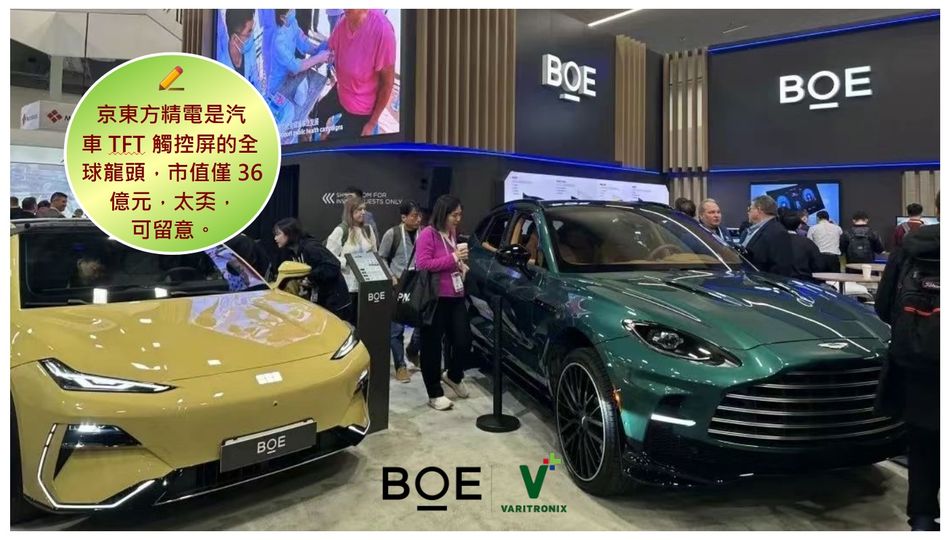 可能是包含下列内容的图片：12 位用户、轿车和上面的文字是“ေးင်မ BOE 京东方精电是汽 车TFT触控屏的全 车TFT 球龙头， 市值仅 球龙头，市值仅36 36 亿元·太买· 太英， 亿元， 可留意。 한 BOE Sa BOE BOE V VARITRONIX”