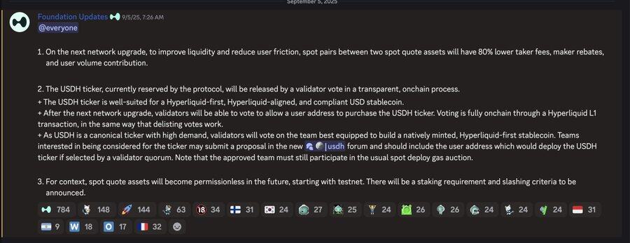 在驗證者投票決定USDH代碼歸屬之前，Hyperliquid宣佈將推出一個原生髮行的、以自身為核心。