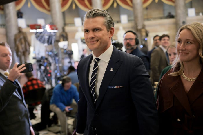 Secretary of War Pete Hegseth walks through Statuary Hall to the State of the Union address during a Joint Session of Congress at the U.S. Capitol on February 24, 2026, in Washington, DC.