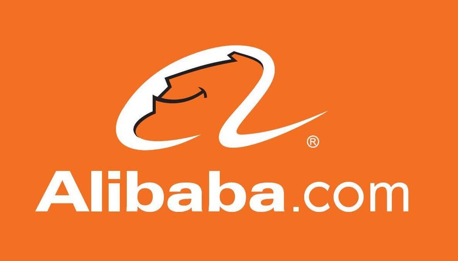 An orange background with a white stylized "a" logo featuring a curved design above the text "Alibaba.com" in white.