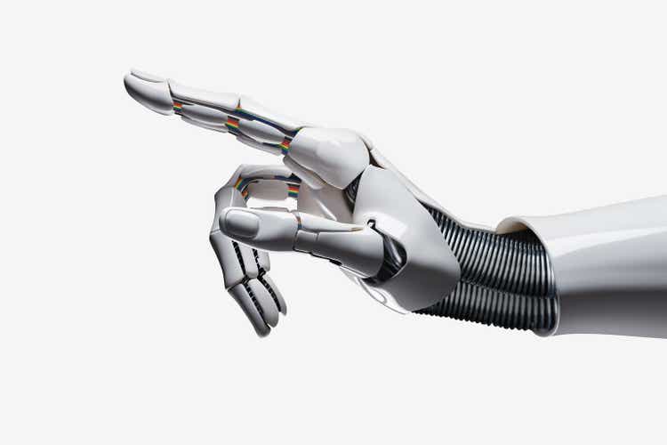 White cyborg robotic hand pointing his finger - 3D rendering isolated on free PNG background.