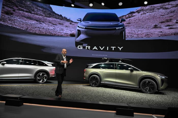 Rawlinson presenting the Lucid Gravity at the Los Angeles Auto Show in November 2023. Photo: Robyn Beck/AFP/Getty Images