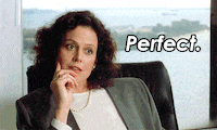 Movie gif. In a scene from Working Girl, Sigourney Weaver as Katharine Parker sits pensively in an office chair wearing a gray jacket and pearls. She reaches a decision, gesturing approvingly with her hand, and smiles as she speaks. Text, "Perfect."